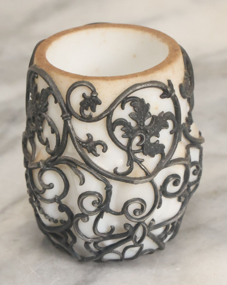 Lot 061 - Antique Milk Glass Toothpick Holder With Fancy Metal Cage Overlay, Including Paper Note, "A Small Expression Of Thanks" From Ethel To Rose, As Found