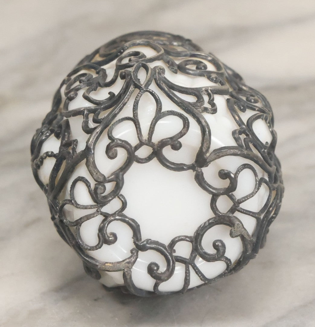 Lot 061 - Antique Milk Glass Toothpick Holder With Fancy Metal Cage Overlay, Including Paper Note, "A Small Expression Of Thanks" From Ethel To Rose, As Found