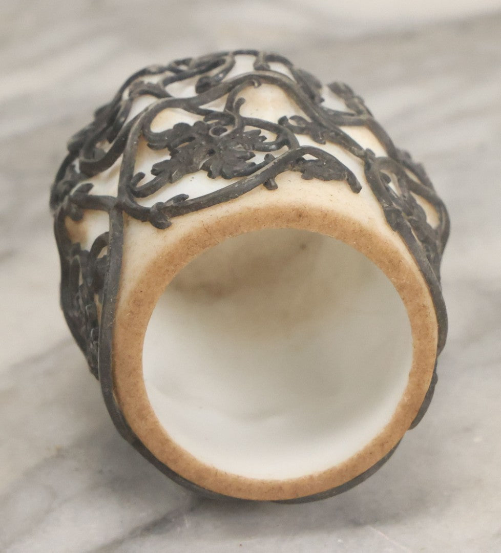Lot 061 - Antique Milk Glass Toothpick Holder With Fancy Metal Cage Overlay, Including Paper Note, "A Small Expression Of Thanks" From Ethel To Rose, As Found