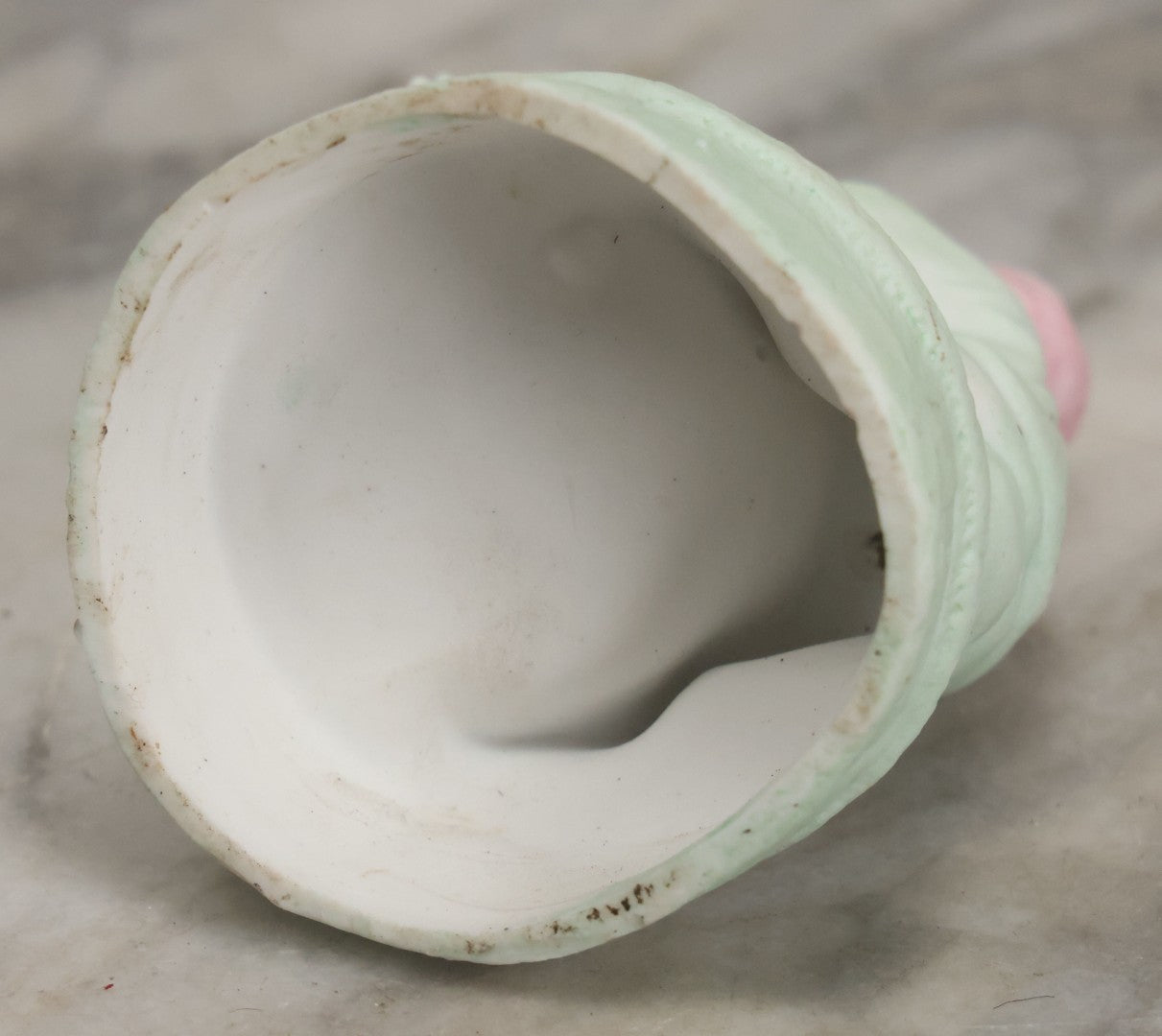 Lot 062 - Antique Bisque Toothpick Holder With Little Boy In Pink Hat Leaning On Barrel, Likely Made In Germany, Marked No. 2359