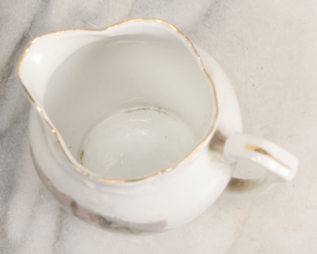 Lot 065 - Antique Porcelain Cream Pitcher With Christmas Theme, Santa Claus In Green Greeting Children With Presents, Likely Made In Germany, Unmarked