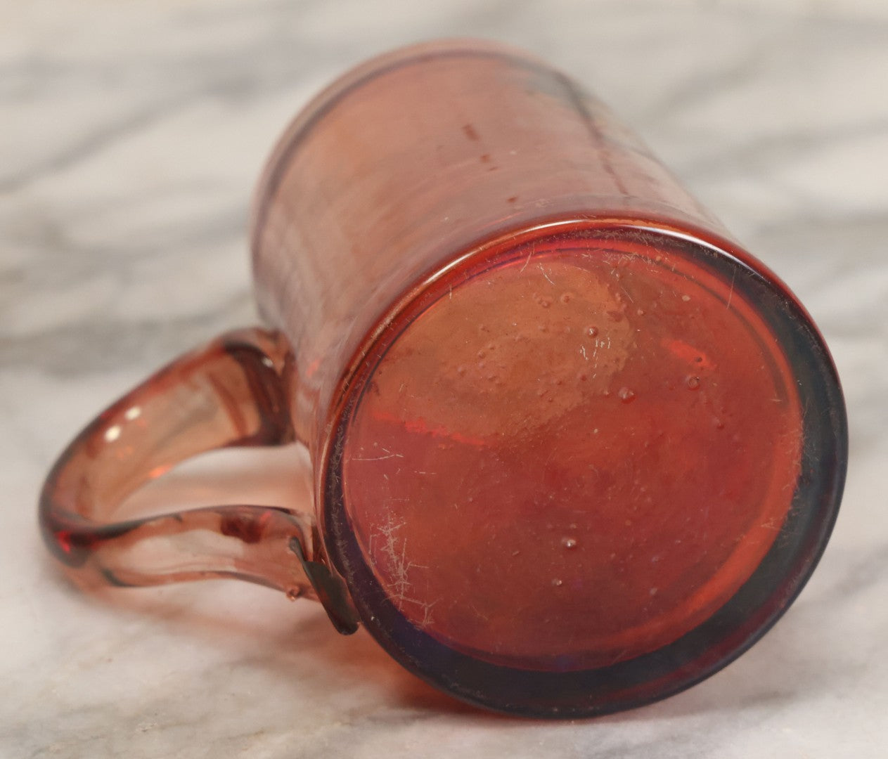 Lot 066 - Antique Ruby Glass Mug With Hand Etched, Hand Painted Details, "A Present" With Flowers, Note Chip To Bottom Of Handle, Rim