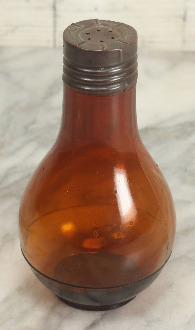 Lot 067 - Antique Amber Glass Light Bulb Shaped Perfume Bottle With Metal Shaker Lid, Marked Mary Garden Rigaud, Paris & New York, Patented January 13, 1914