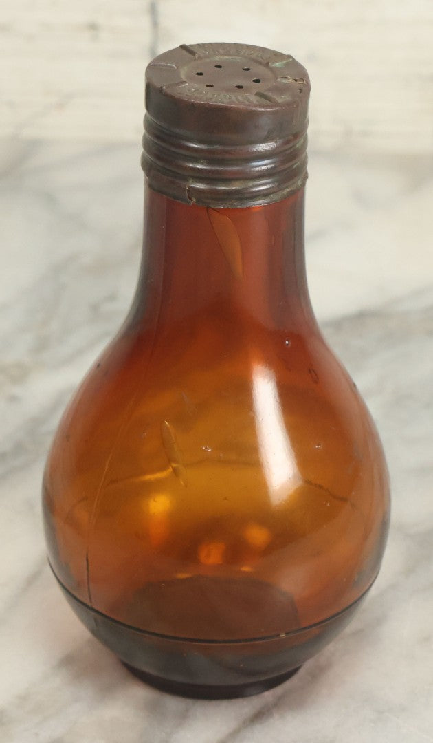 Lot 067 - Antique Amber Glass Light Bulb Shaped Perfume Bottle With Metal Shaker Lid, Marked Mary Garden Rigaud, Paris & New York, Patented January 13, 1914
