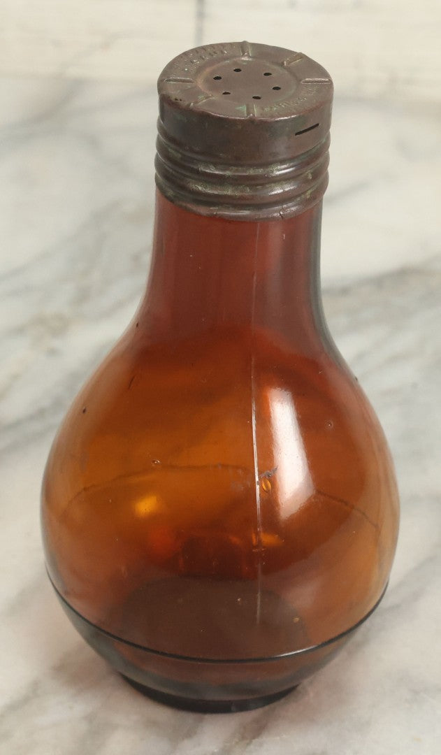 Lot 067 - Antique Amber Glass Light Bulb Shaped Perfume Bottle With Metal Shaker Lid, Marked Mary Garden Rigaud, Paris & New York, Patented January 13, 1914