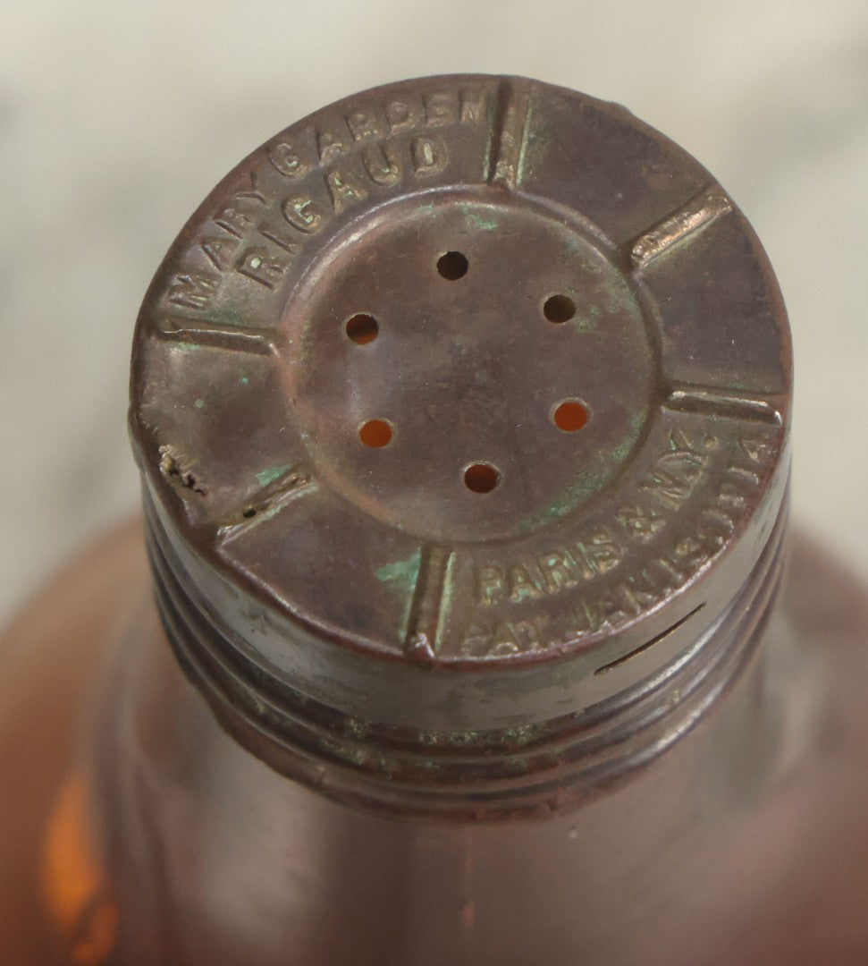 Lot 067 - Antique Amber Glass Light Bulb Shaped Perfume Bottle With Metal Shaker Lid, Marked Mary Garden Rigaud, Paris & New York, Patented January 13, 1914