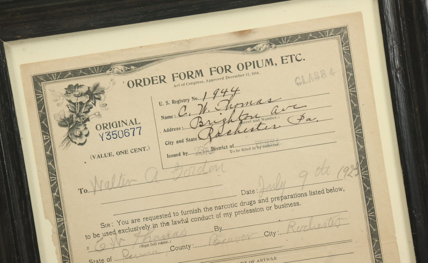 Lot 069 - Antique Order Form For Opium Dated 1923, For Cocaine Hydrochloride, Rochester, Pennsylvania, United States Internal Revenue Document, In Modern Frame, 11" x 14"
