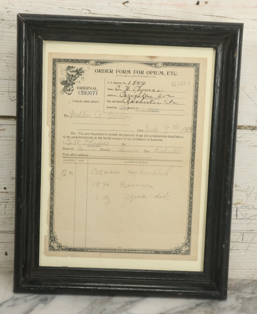Lot 069 - Antique Order Form For Opium Dated 1923, For Cocaine Hydrochloride, Rochester, Pennsylvania, United States Internal Revenue Document, In Modern Frame, 11" x 14"