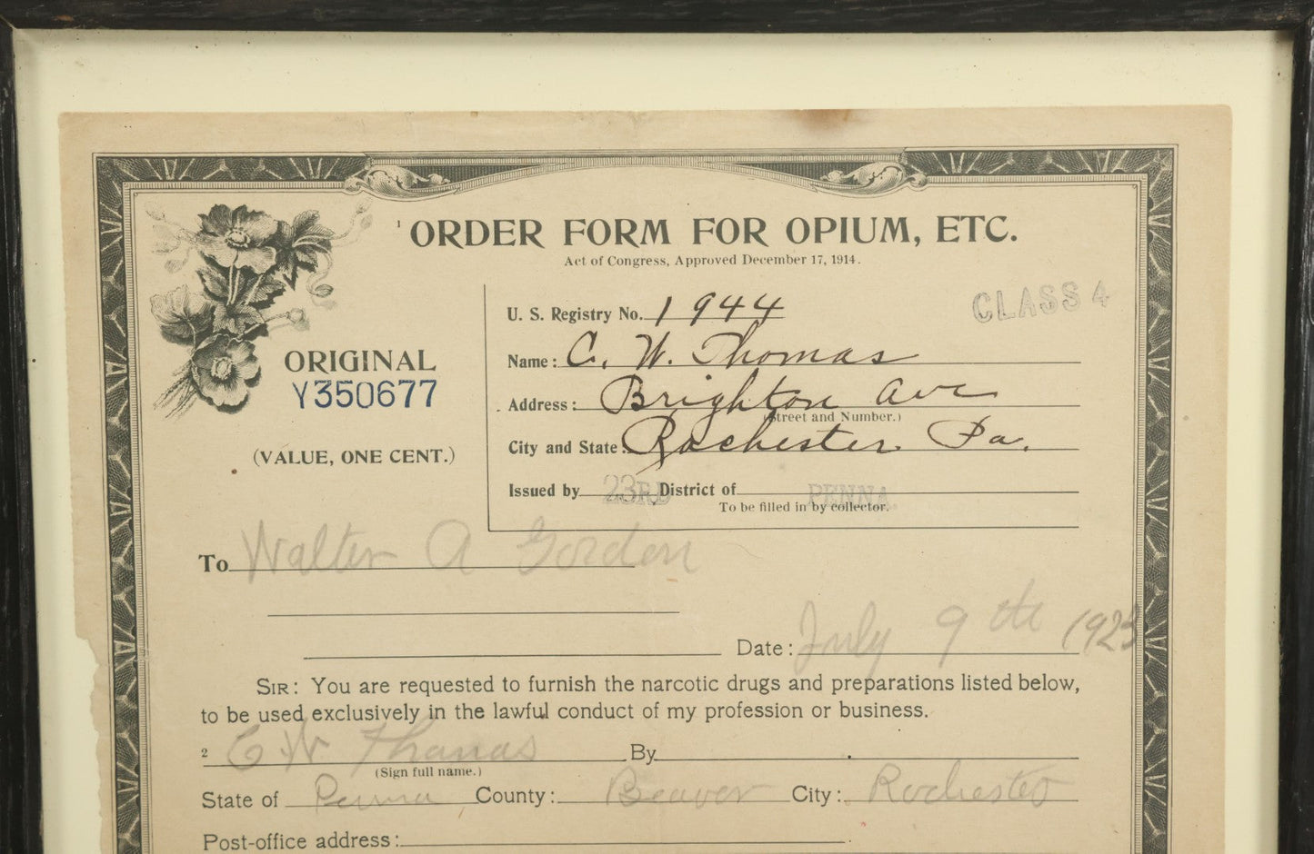 Lot 069 - Antique Order Form For Opium Dated 1923, For Cocaine Hydrochloride, Rochester, Pennsylvania, United States Internal Revenue Document, In Modern Frame, 11" x 14"