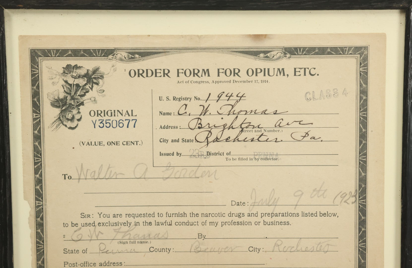 Lot 069 - Antique Order Form For Opium Dated 1923, For Cocaine Hydrochloride, Rochester, Pennsylvania, United States Internal Revenue Document, In Modern Frame, 11" x 14"