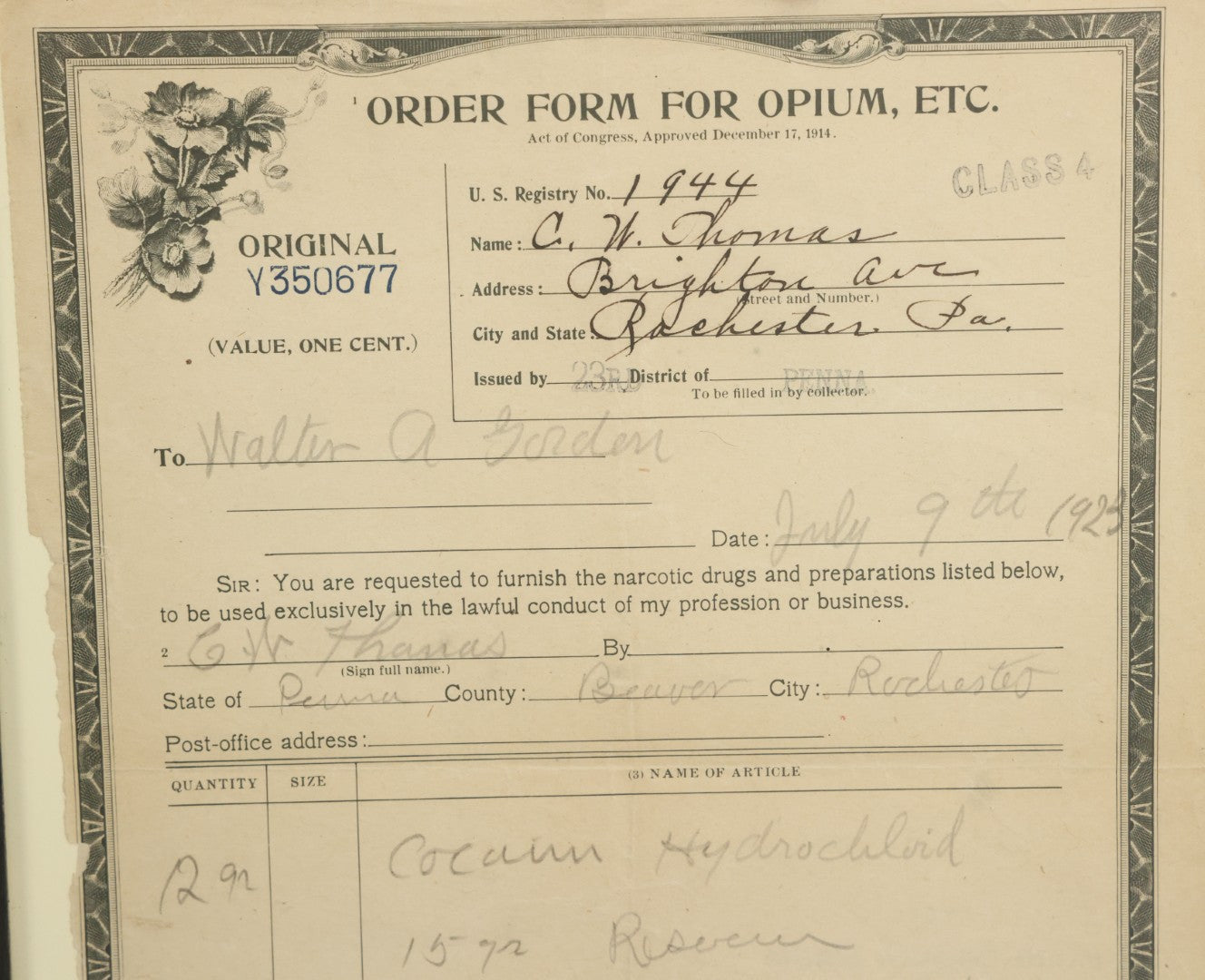 Lot 069 - Antique Order Form For Opium Dated 1923, For Cocaine Hydrochloride, Rochester, Pennsylvania, United States Internal Revenue Document, In Modern Frame, 11" x 14"