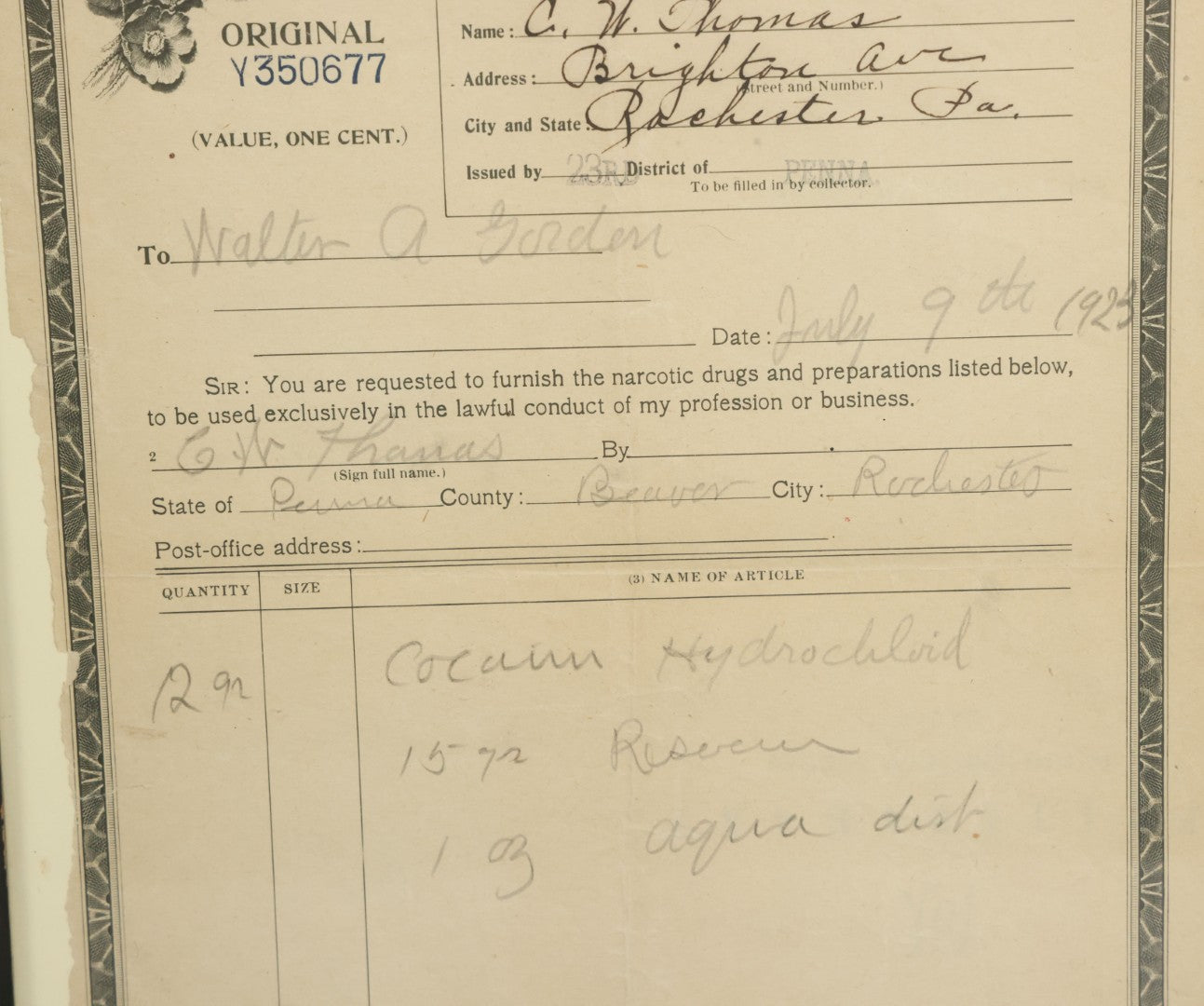 Lot 069 - Antique Order Form For Opium Dated 1923, For Cocaine Hydrochloride, Rochester, Pennsylvania, United States Internal Revenue Document, In Modern Frame, 11" x 14"