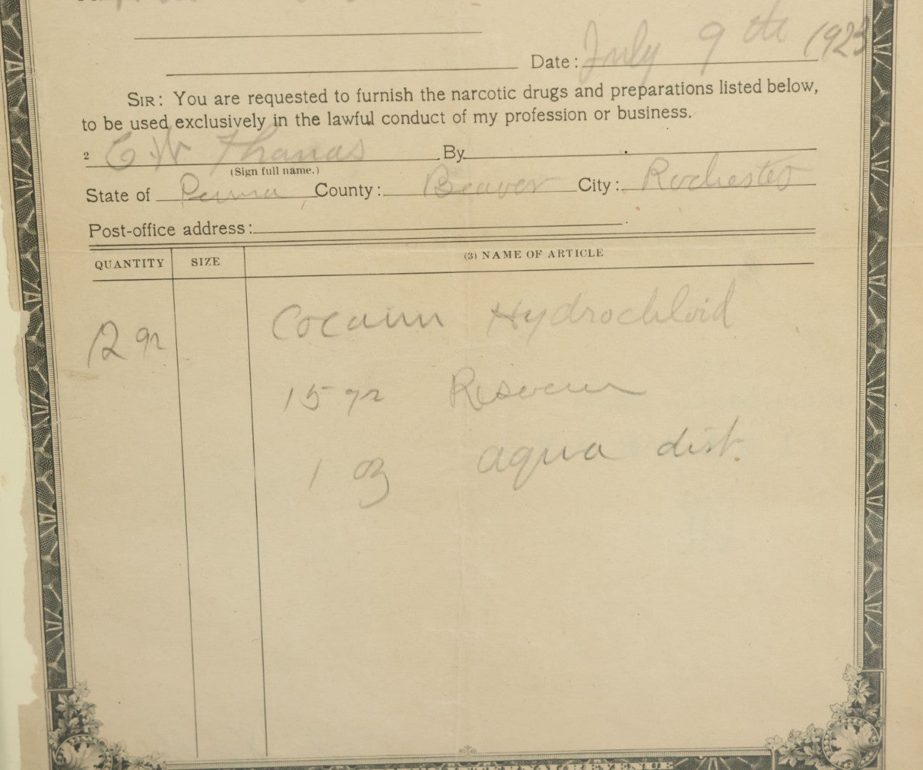 Lot 069 - Antique Order Form For Opium Dated 1923, For Cocaine Hydrochloride, Rochester, Pennsylvania, United States Internal Revenue Document, In Modern Frame, 11" x 14"