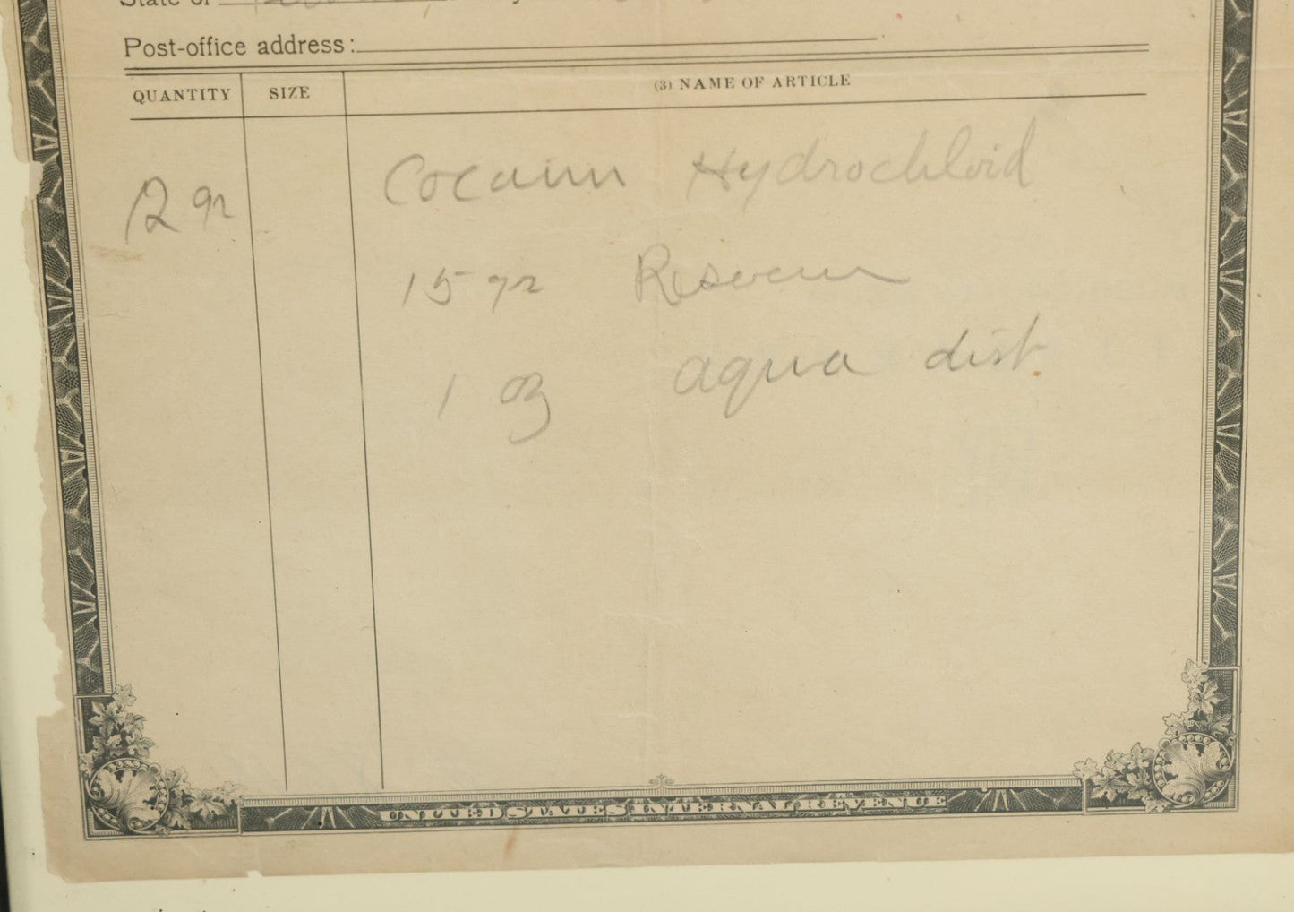 Lot 069 - Antique Order Form For Opium Dated 1923, For Cocaine Hydrochloride, Rochester, Pennsylvania, United States Internal Revenue Document, In Modern Frame, 11" x 14"