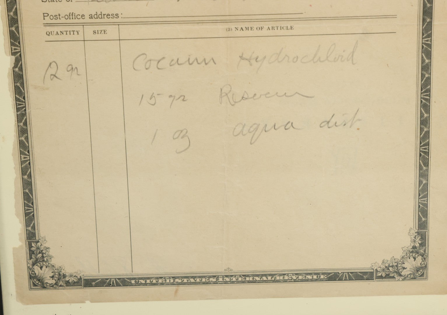 Lot 069 - Antique Order Form For Opium Dated 1923, For Cocaine Hydrochloride, Rochester, Pennsylvania, United States Internal Revenue Document, In Modern Frame, 11" x 14"