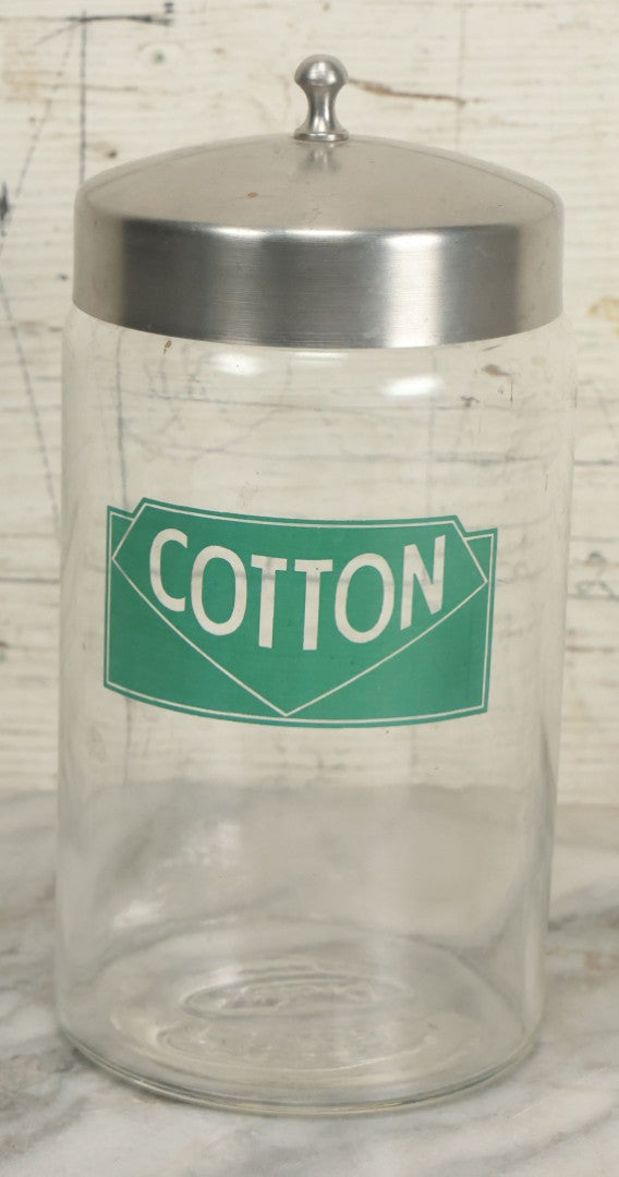 Lot 072 - Vintage Medical Doctors Office Cotton Glass Jar With Green Label And Lid, Manufactured By Profex, U.S.A.