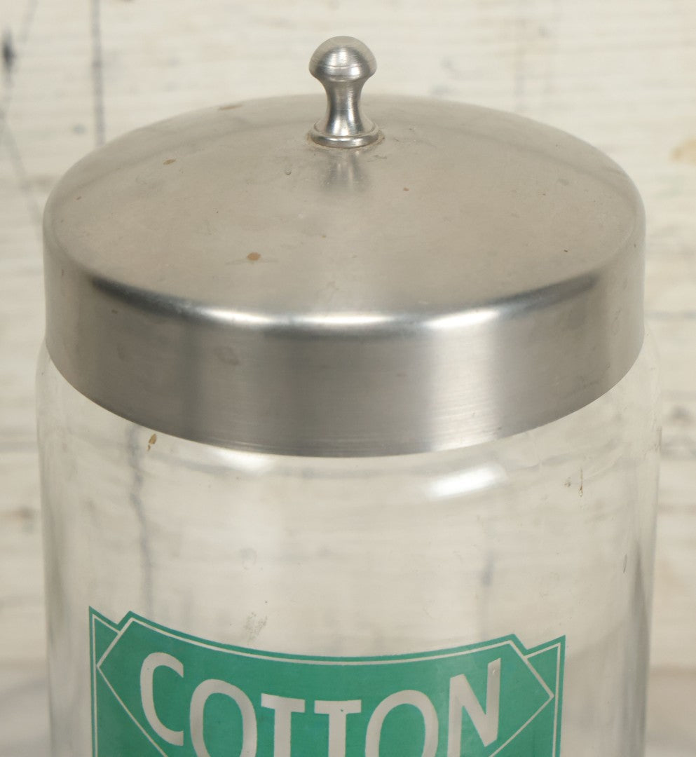 Lot 072 - Vintage Medical Doctors Office Cotton Glass Jar With Green Label And Lid, Manufactured By Profex, U.S.A.