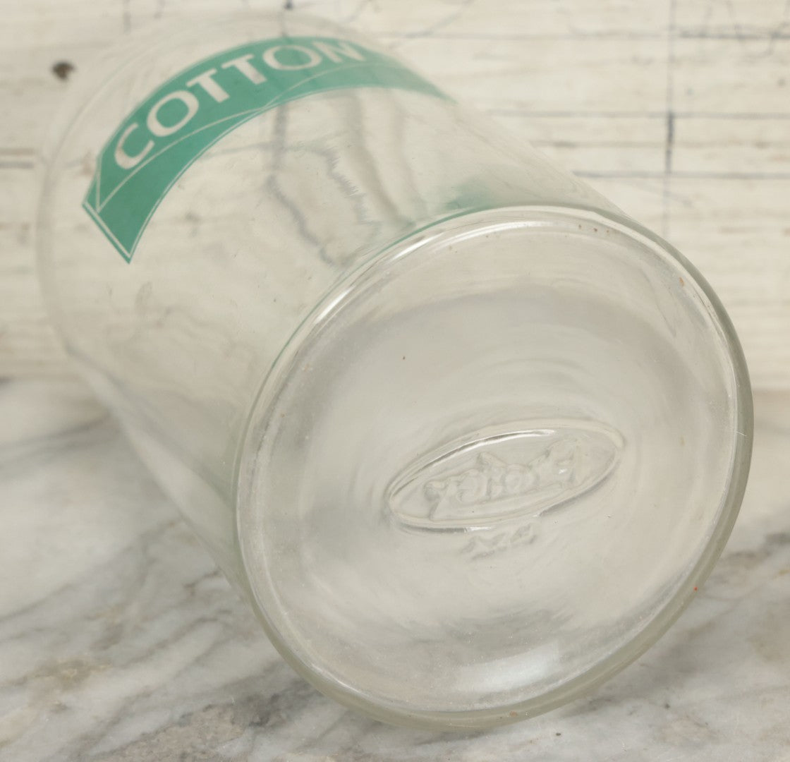 Lot 072 - Vintage Medical Doctors Office Cotton Glass Jar With Green Label And Lid, Manufactured By Profex, U.S.A.