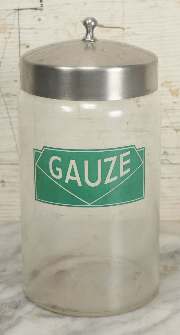 Lot 073 - Vintage Medical Doctor's Office Gauze Glass Jar With Green Label And Lid, Manufactured By Profex, U.S.A.