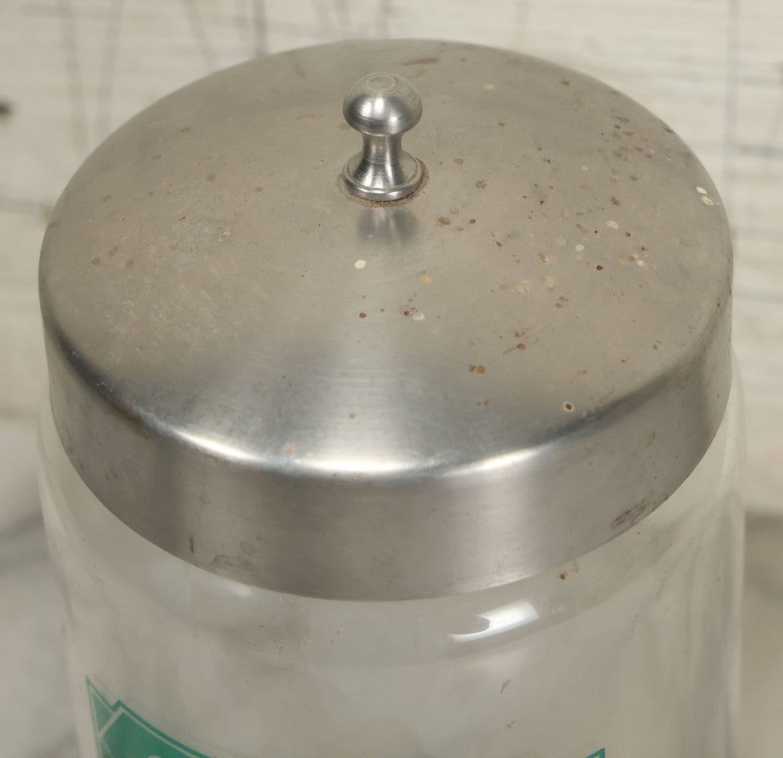 Lot 073 - Vintage Medical Doctor's Office Gauze Glass Jar With Green Label And Lid, Manufactured By Profex, U.S.A.