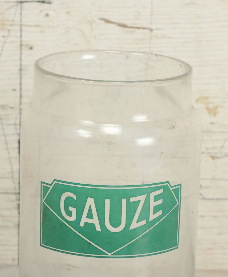 Lot 073 - Vintage Medical Doctor's Office Gauze Glass Jar With Green Label And Lid, Manufactured By Profex, U.S.A.