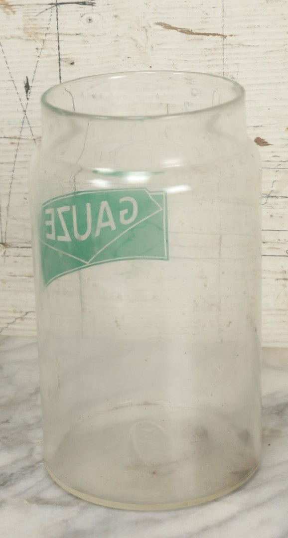 Lot 073 - Vintage Medical Doctor's Office Gauze Glass Jar With Green Label And Lid, Manufactured By Profex, U.S.A.