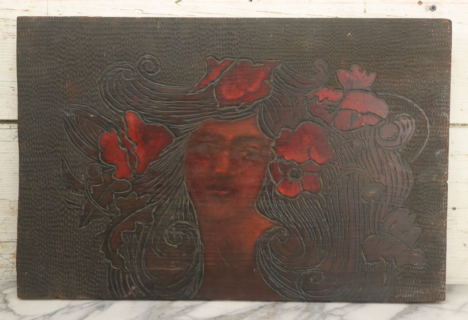 Lot 074 - Antique Folk Art Hand Carved Wooden Panel With Beautiful Woman, Painted Details, 21" x 14"