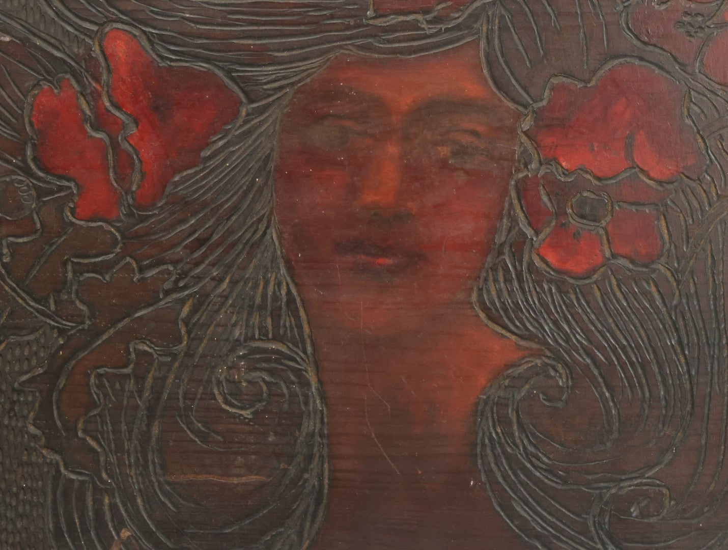 Lot 074 - Antique Folk Art Hand Carved Wooden Panel With Beautiful Woman, Painted Details, 21" x 14"