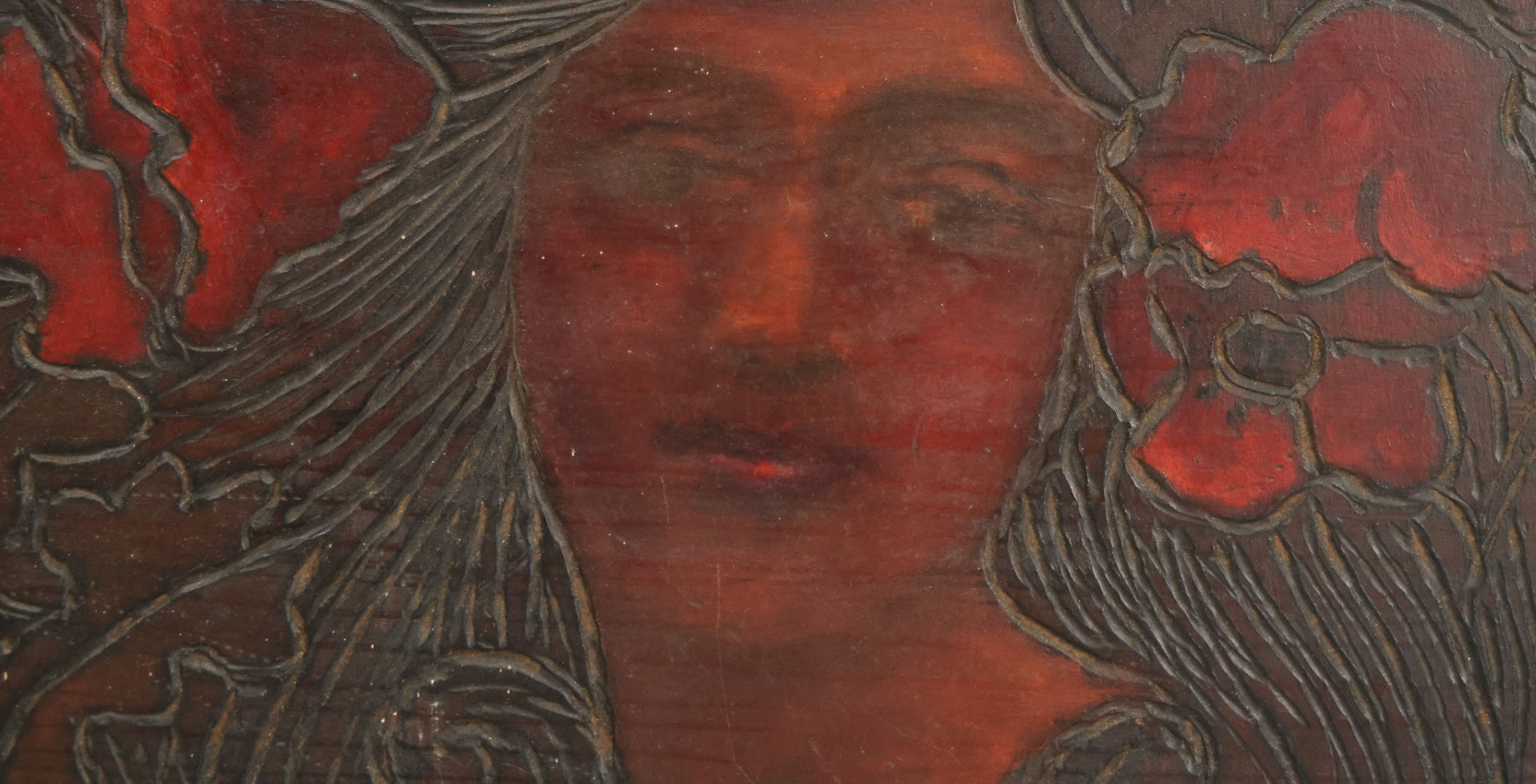 Lot 074 - Antique Folk Art Hand Carved Wooden Panel With Beautiful Woman, Painted Details, 21" x 14"
