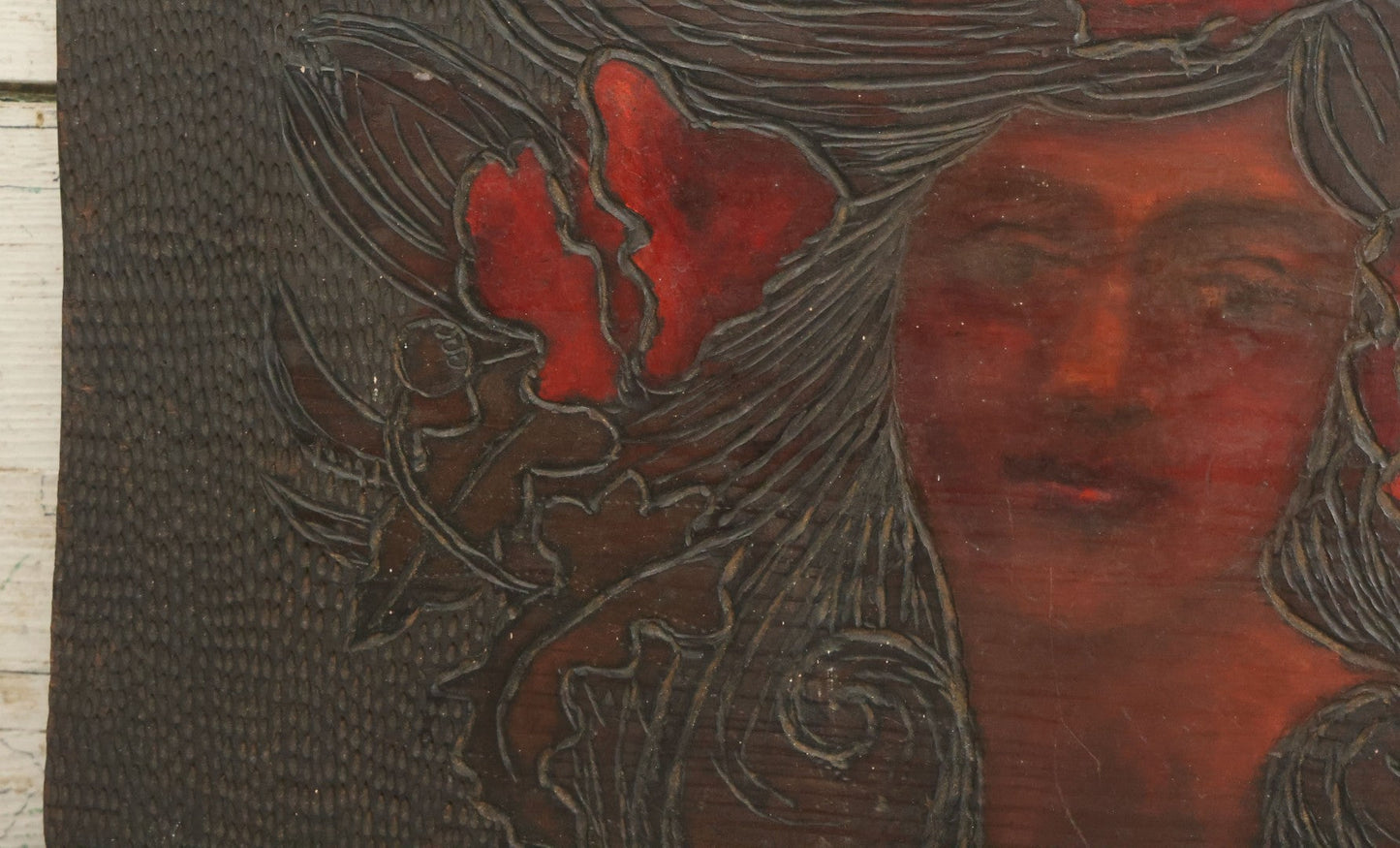 Lot 074 - Antique Folk Art Hand Carved Wooden Panel With Beautiful Woman, Painted Details, 21" x 14"