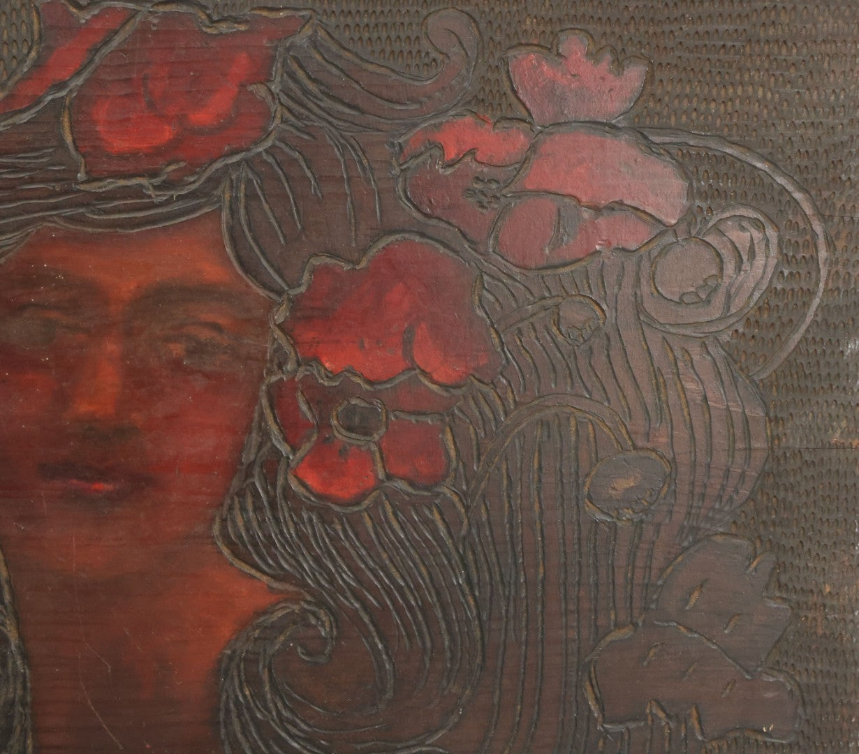 Lot 074 - Antique Folk Art Hand Carved Wooden Panel With Beautiful Woman, Painted Details, 21" x 14"