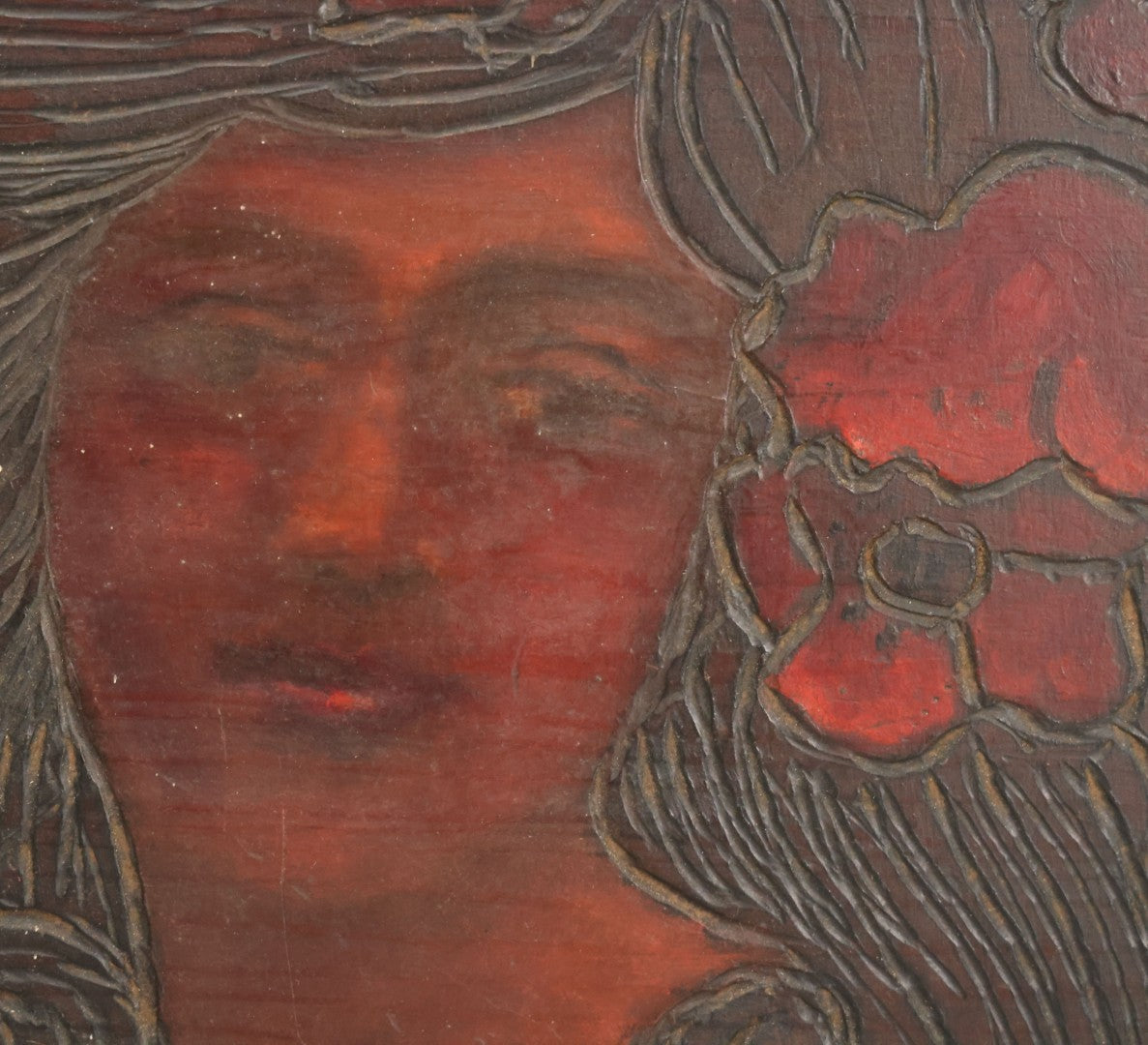 Lot 074 - Antique Folk Art Hand Carved Wooden Panel With Beautiful Woman, Painted Details, 21" x 14"