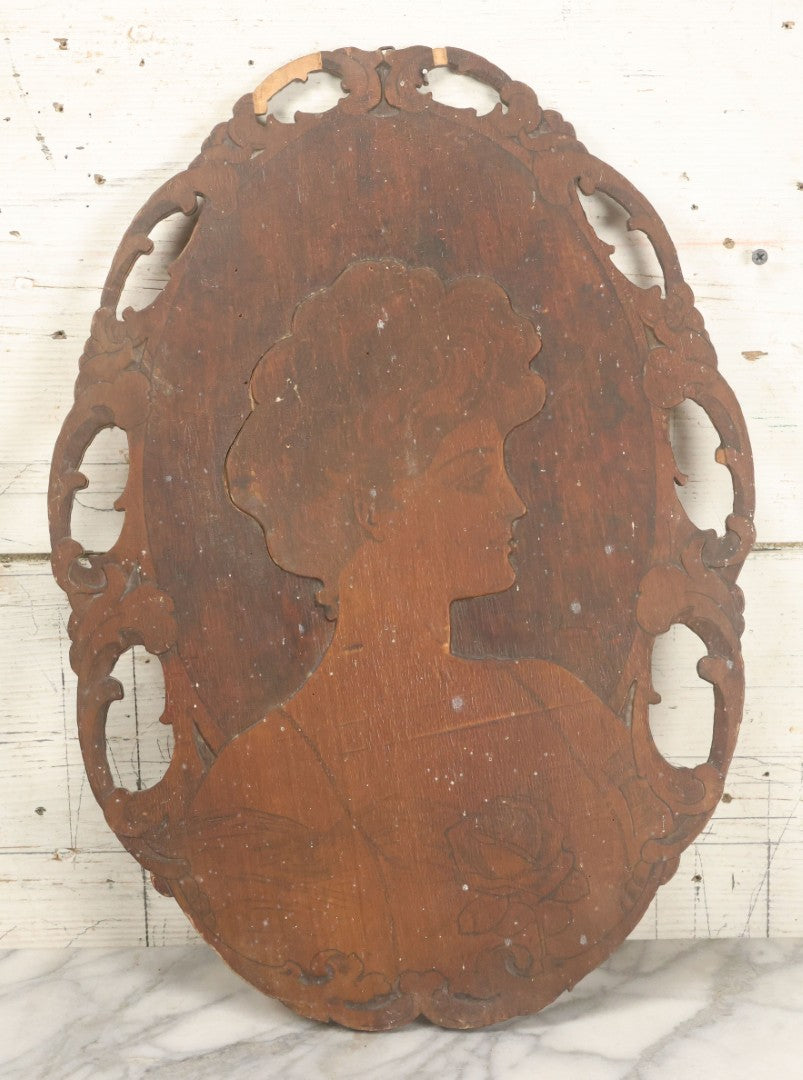 Lot 075 - Antique Wood Burned Pyrography Wall Hanging Panel Of Gibson Girl Style Woman With Rose, Flemish Art Co., New York, No. 861, Note Various Wear, 13-3/4" x 19"