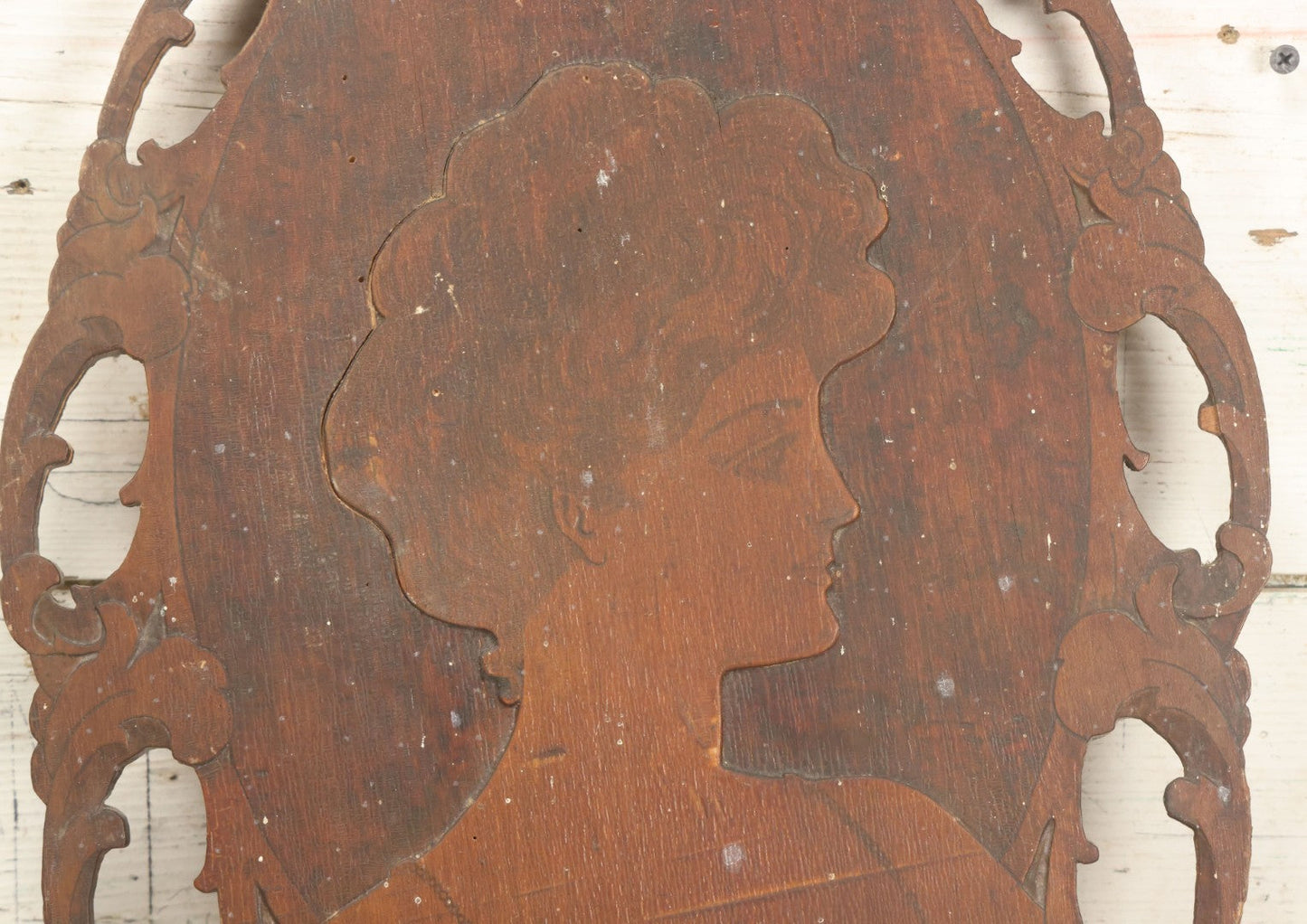Lot 075 - Antique Wood Burned Pyrography Wall Hanging Panel Of Gibson Girl Style Woman With Rose, Flemish Art Co., New York, No. 861, Note Various Wear, 13-3/4" x 19"