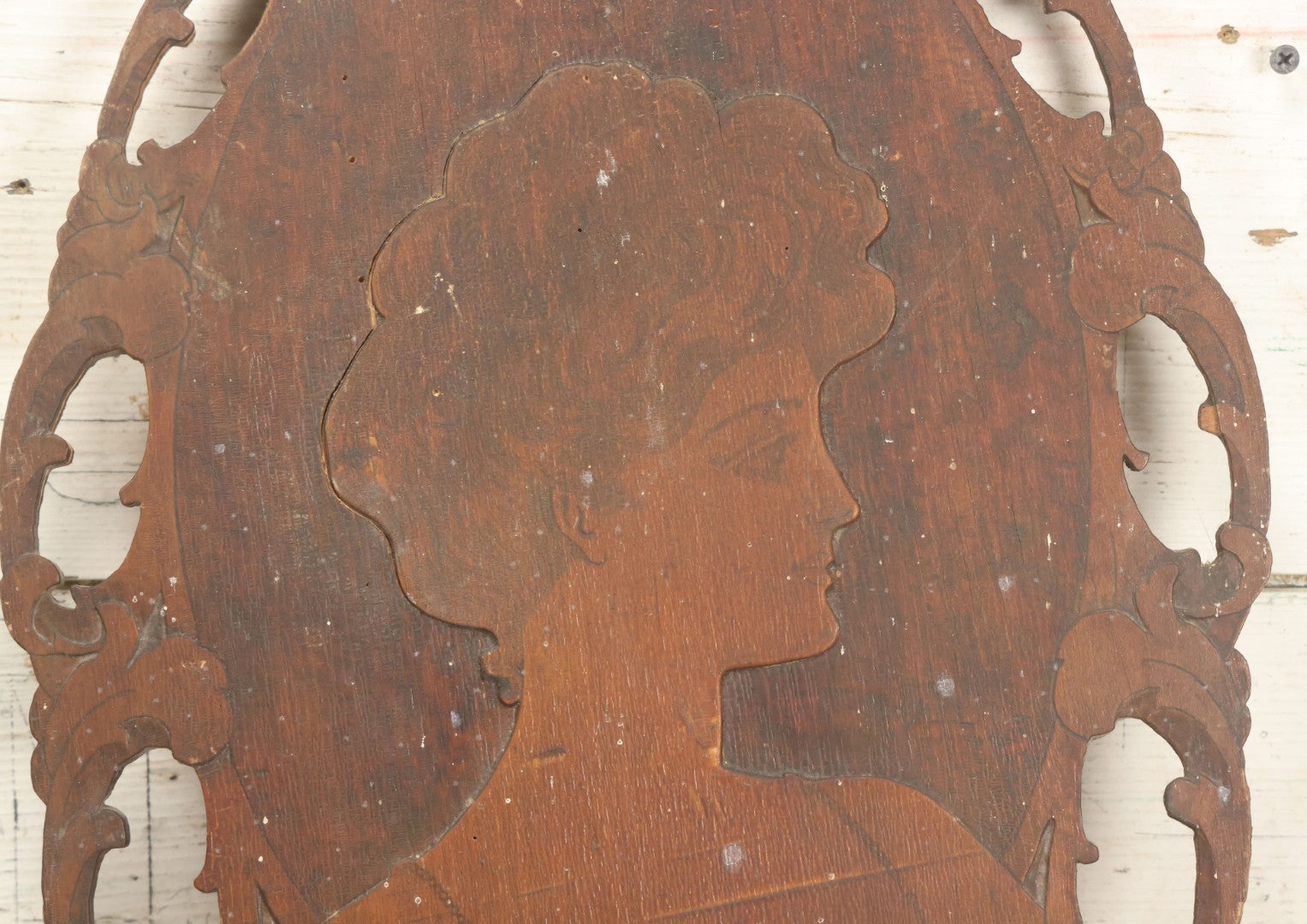 Lot 075 - Antique Wood Burned Pyrography Wall Hanging Panel Of Gibson Girl Style Woman With Rose, Flemish Art Co., New York, No. 861, Note Various Wear, 13-3/4" x 19"