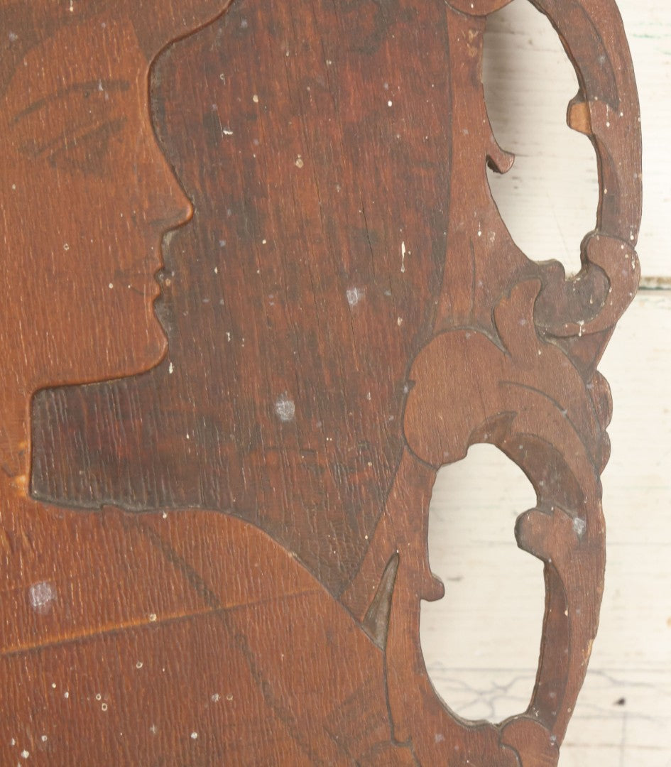 Lot 075 - Antique Wood Burned Pyrography Wall Hanging Panel Of Gibson Girl Style Woman With Rose, Flemish Art Co., New York, No. 861, Note Various Wear, 13-3/4" x 19"