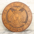 Lot 076 - Antique Wood Burned Pyrography Wall Hanging Plaque For The Foresters Of America, Fraternal Order, With Eagle And American Flags, Flemish Art Co., New York, No. 854, 14-3/4" Diameter