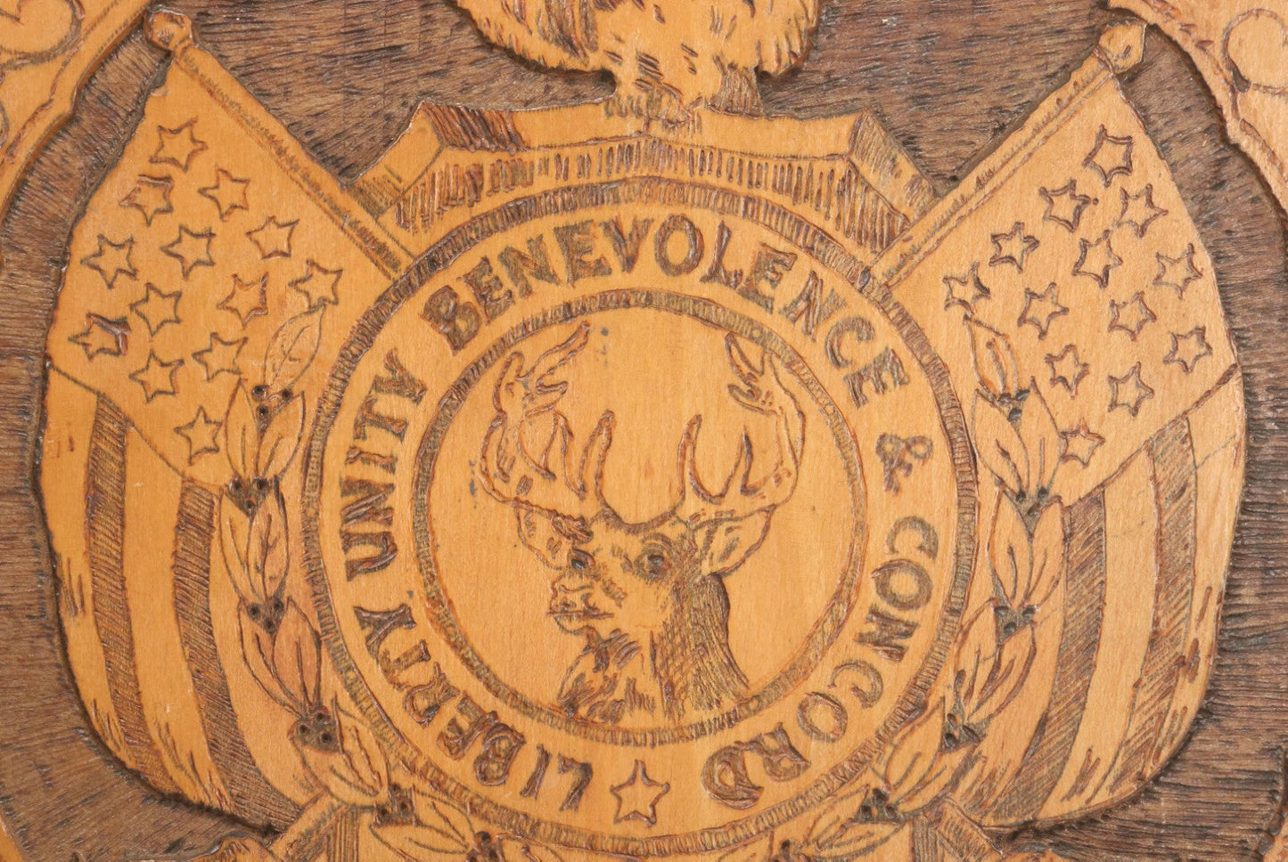 Lot 076 - Antique Wood Burned Pyrography Wall Hanging Plaque For The Foresters Of America, Fraternal Order, With Eagle And American Flags, Flemish Art Co., New York, No. 854, 14-3/4" Diameter