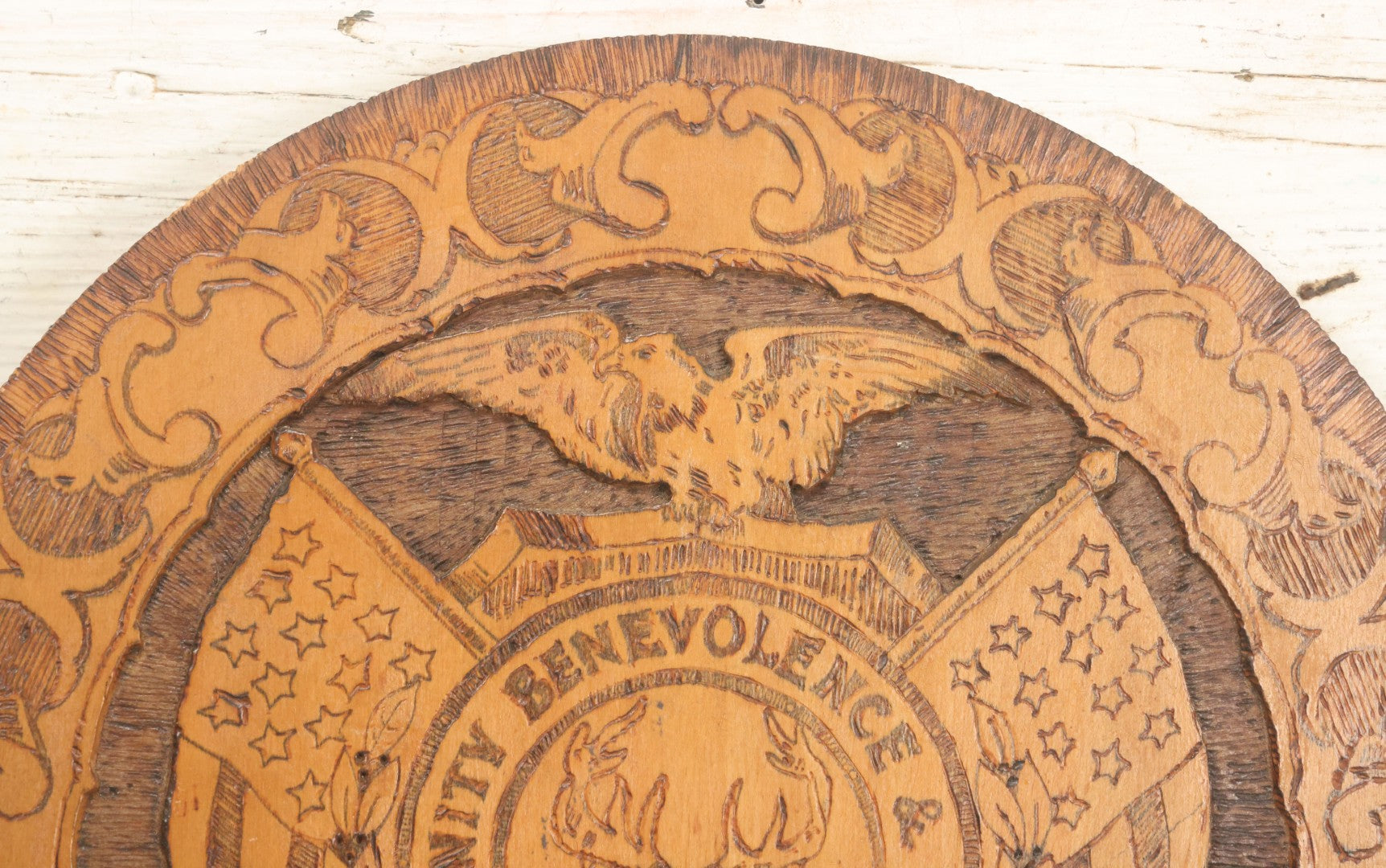 Lot 076 - Antique Wood Burned Pyrography Wall Hanging Plaque For The Foresters Of America, Fraternal Order, With Eagle And American Flags, Flemish Art Co., New York, No. 854, 14-3/4" Diameter