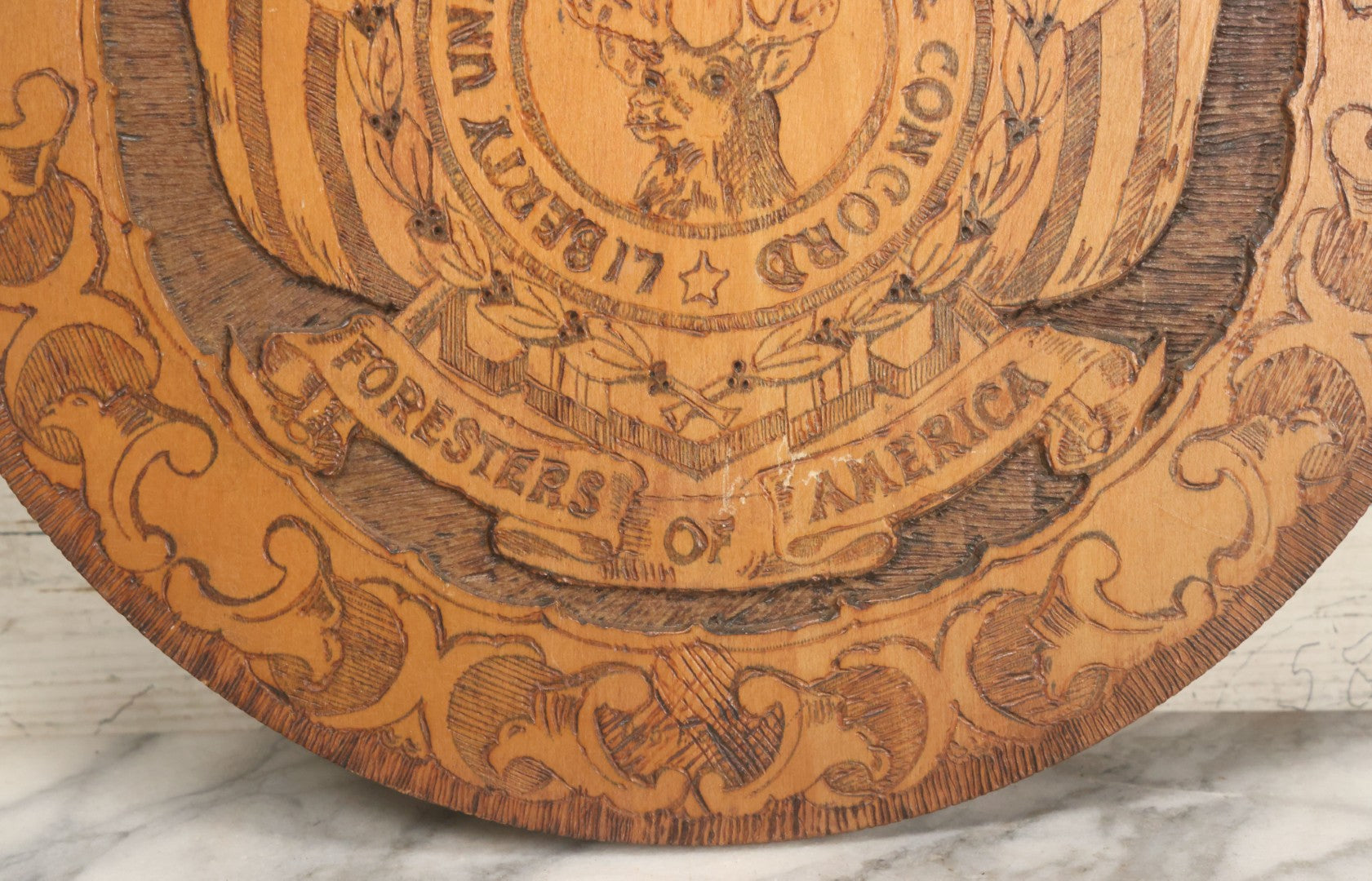 Lot 076 - Antique Wood Burned Pyrography Wall Hanging Plaque For The Foresters Of America, Fraternal Order, With Eagle And American Flags, Flemish Art Co., New York, No. 854, 14-3/4" Diameter