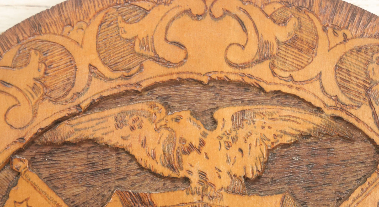 Lot 076 - Antique Wood Burned Pyrography Wall Hanging Plaque For The Foresters Of America, Fraternal Order, With Eagle And American Flags, Flemish Art Co., New York, No. 854, 14-3/4" Diameter