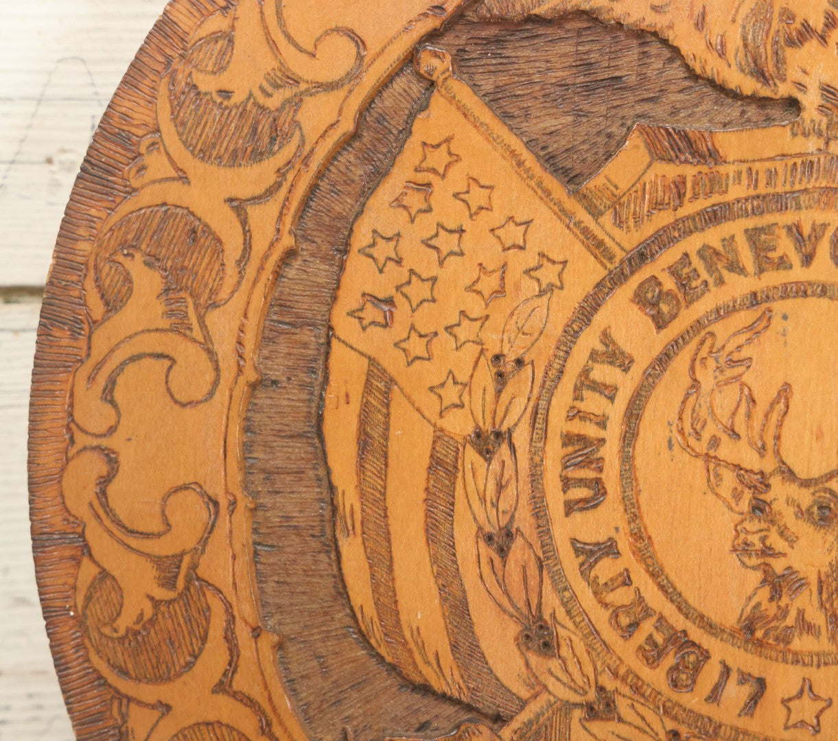 Lot 076 - Antique Wood Burned Pyrography Wall Hanging Plaque For The Foresters Of America, Fraternal Order, With Eagle And American Flags, Flemish Art Co., New York, No. 854, 14-3/4" Diameter