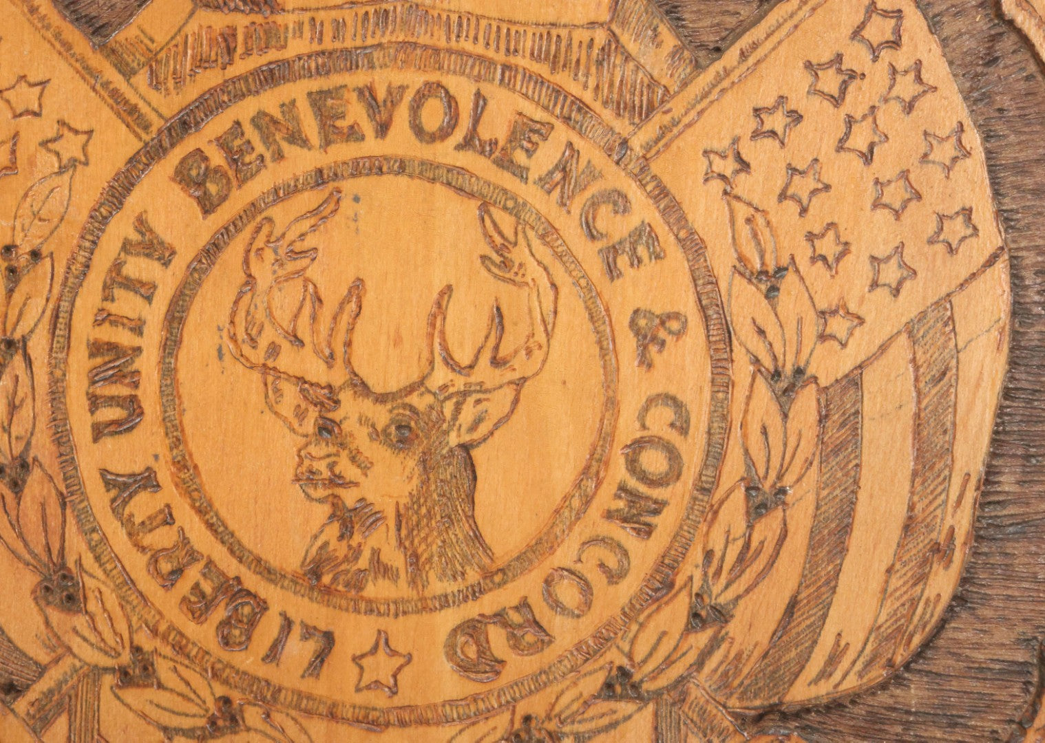 Lot 076 - Antique Wood Burned Pyrography Wall Hanging Plaque For The Foresters Of America, Fraternal Order, With Eagle And American Flags, Flemish Art Co., New York, No. 854, 14-3/4" Diameter