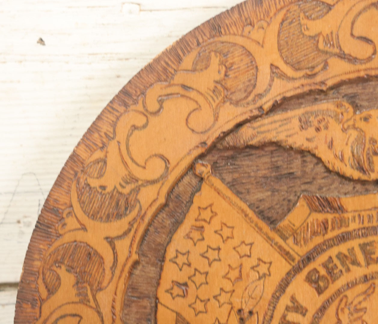 Lot 076 - Antique Wood Burned Pyrography Wall Hanging Plaque For The Foresters Of America, Fraternal Order, With Eagle And American Flags, Flemish Art Co., New York, No. 854, 14-3/4" Diameter