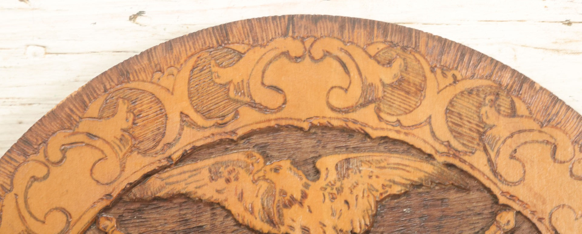 Lot 076 - Antique Wood Burned Pyrography Wall Hanging Plaque For The Foresters Of America, Fraternal Order, With Eagle And American Flags, Flemish Art Co., New York, No. 854, 14-3/4" Diameter