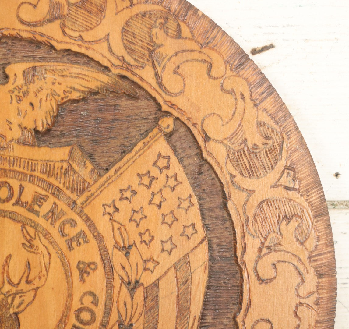 Lot 076 - Antique Wood Burned Pyrography Wall Hanging Plaque For The Foresters Of America, Fraternal Order, With Eagle And American Flags, Flemish Art Co., New York, No. 854, 14-3/4" Diameter