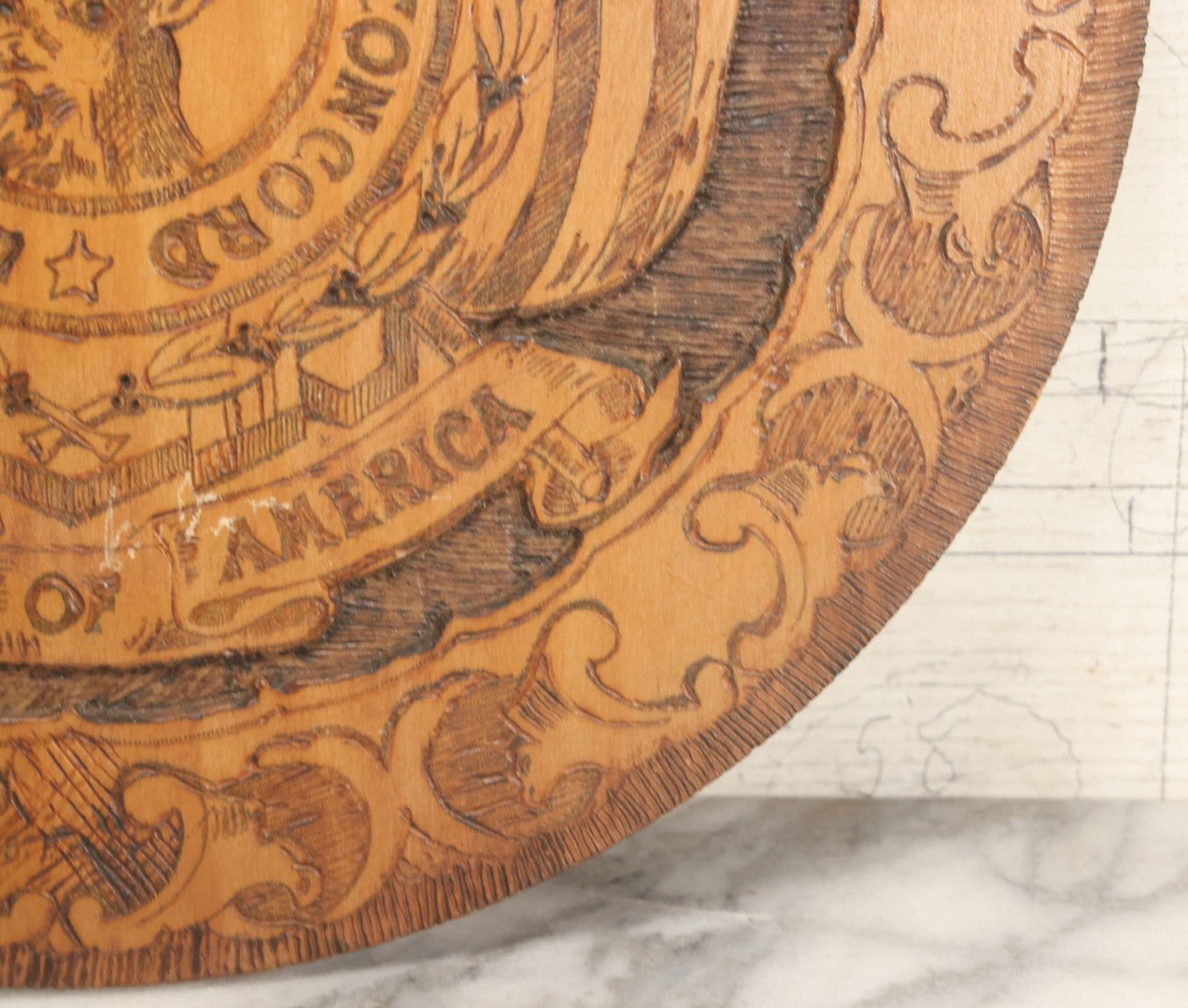 Lot 076 - Antique Wood Burned Pyrography Wall Hanging Plaque For The Foresters Of America, Fraternal Order, With Eagle And American Flags, Flemish Art Co., New York, No. 854, 14-3/4" Diameter