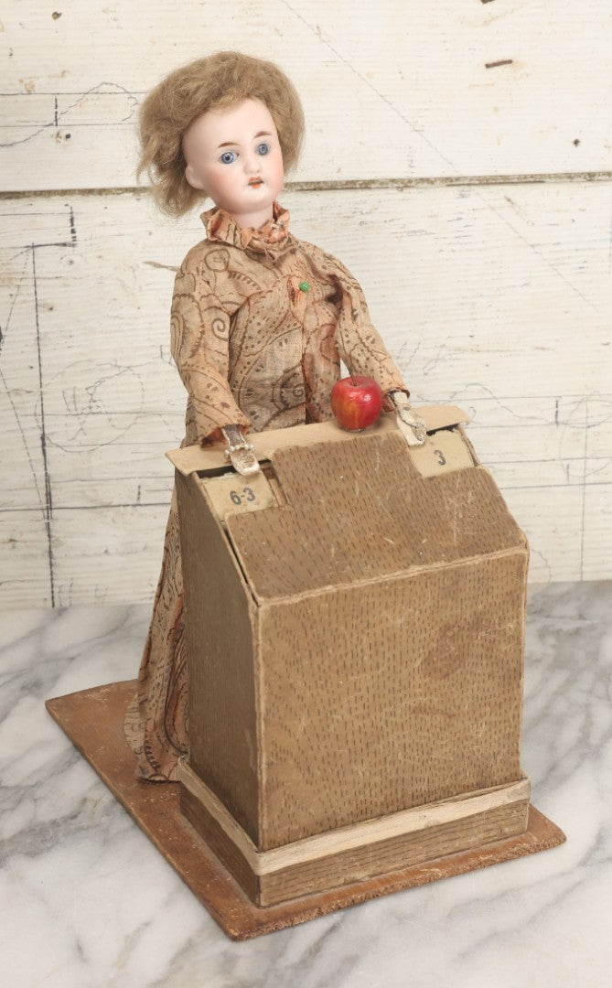 Lot 001 - Antique Handmade Manual Crank Math Teacher Automaton With German Bisque Doll Head By Lehmann & Company And Math Subtraction Problem Action, Moving Arms And Head