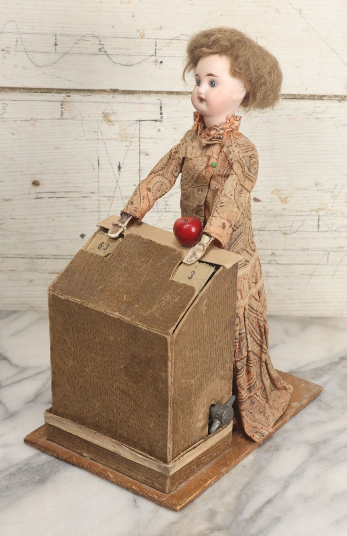 Lot 001 - Antique Handmade Manual Crank Math Teacher Automaton With German Bisque Doll Head By Lehmann & Company And Math Subtraction Problem Action, Moving Arms And Head