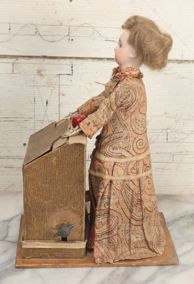 Lot 001 - Antique Handmade Manual Crank Math Teacher Automaton With German Bisque Doll Head By Lehmann & Company And Math Subtraction Problem Action, Moving Arms And Head